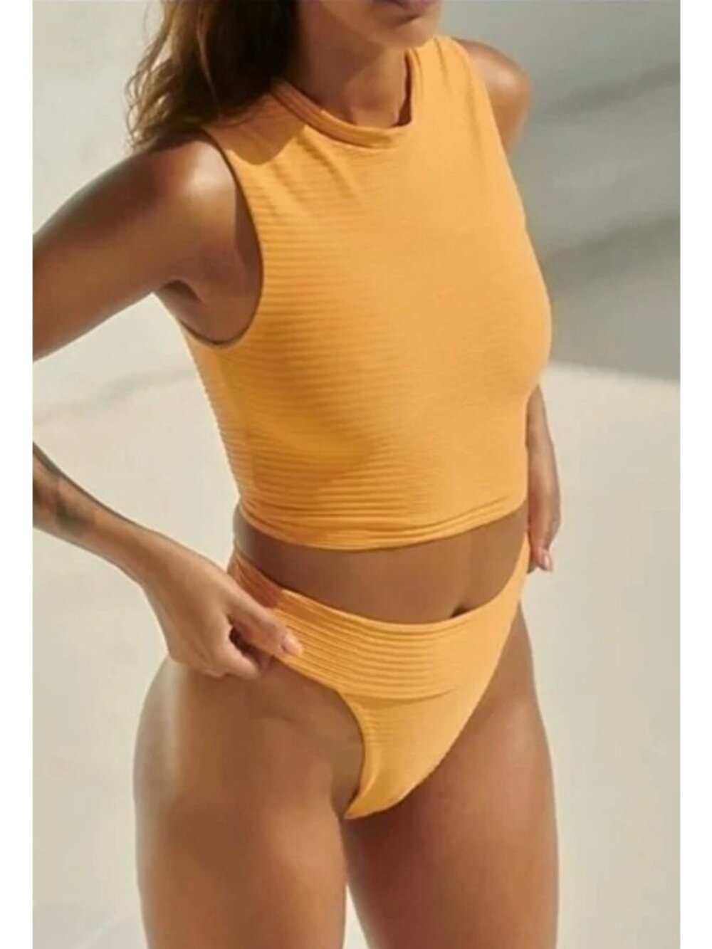 ACACIA Mateo Ribbed 2 Piece Bikini Bathing Suit Swim in Honey New Beachy Pool